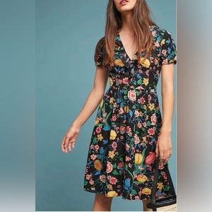 Anthropologie Maeve Bloedel Black Floral Butterfly MIDI Pocket Dress